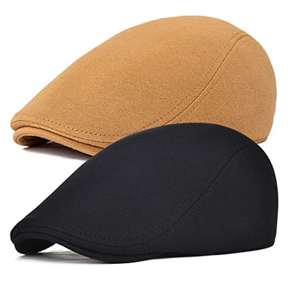 FEINION Men Cotton Newsboy Cap Soft Fit Cabbie Hat - color: Black/Khaki