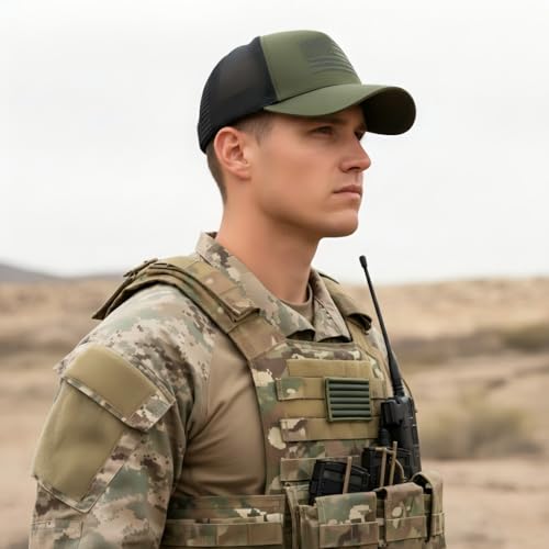 American Flag Trucker Hat, Breathable Mesh Snapback Baseball Cap for Men Women - color: Army Green