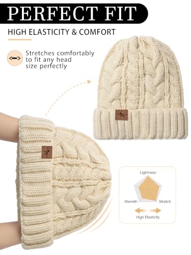 Winter Hats for Women Cable Knit Chunky Skull Cap Fleece Lined Thick Fold Cuff Beanie hat - color: Oatmeal, style: Wheat Spike