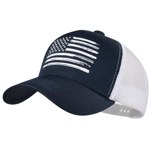 Baseball Cap, American Flag Trucker Hat for Men Women, Breathable Adjustable Fit Outdoor Mesh Snapback Hats - color: Navy/White Flag