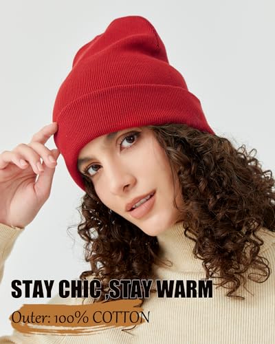 Satin Lined Knit Beanie Hat-100% Cotton Winter Hats for Women Men - color: 1-red