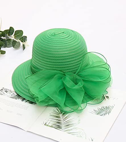 Z&X Organza Church Fascinator Wedding Tea Party Derby Hats for Women Flower Wide Brim Sun Hats - color: 06c Green