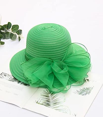 Z&X Organza Church Fascinator Wedding Tea Party Derby Hats for Women Flower Wide Brim Sun Hats - color: 06c Green