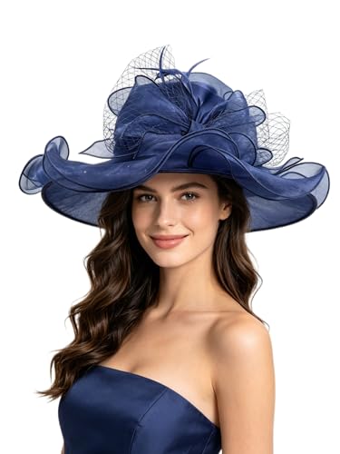 Haojing Women's Organza Church British Fascinator Bridal Tea Party Wedding Hat Summer Ruffles Cap - color: 23-navy