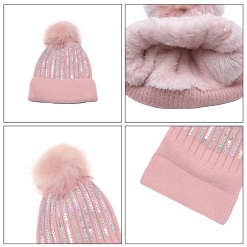 Women Girls Winter Sequin Beanie Hat with Faux Fur Pom Pom Knit Skull Cap - color: Glitter-pink