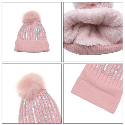 Women Girls Winter Sequin Beanie Hat with Faux Fur Pom Pom Knit Skull Cap - color: Glitter-pink