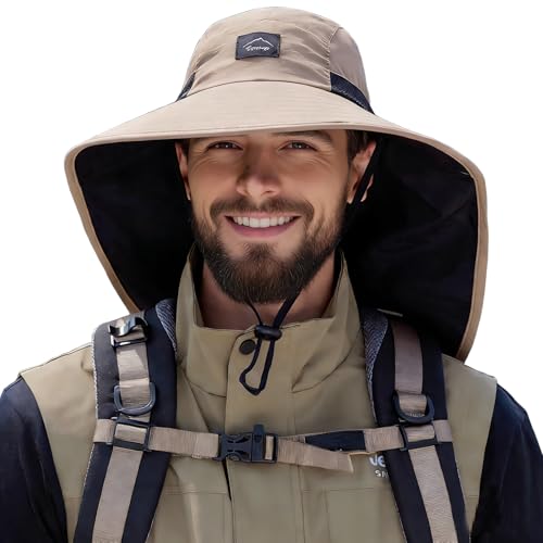 HUAMULAN Women Wide Brim Summer Sun Hat Ponytail Hole with Neck Flap - color: Khaki With Black Mesh