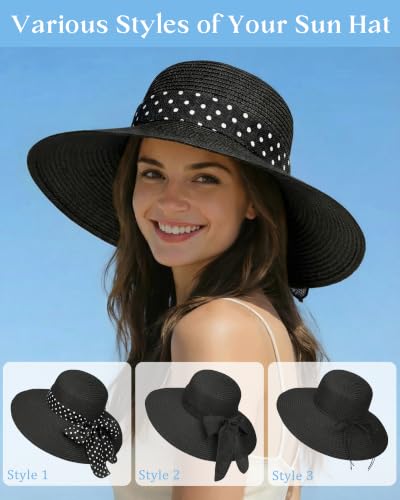 Sun Beach Straw Hats for Women, Summer Wide Brim Hat - color: Light Black, size: X-Large