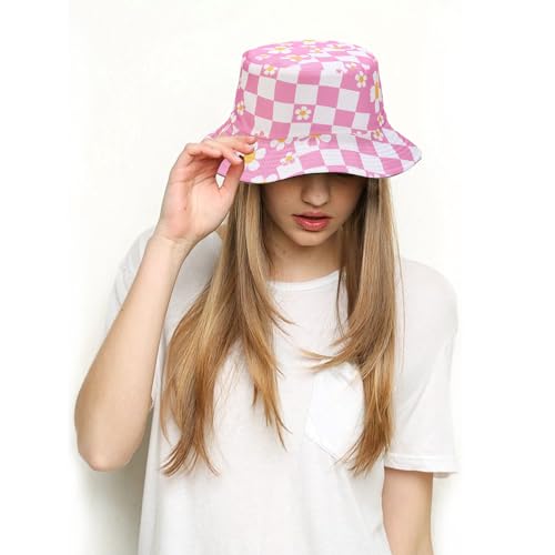 Bucket Hat for Women Men, Cotton Reversible Double Side Wear Sun Hats Beach Fisherman Hat - color: Small Checkered Flowers Pink