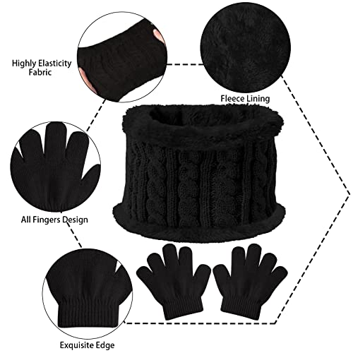 Kids Winter Beanie Hat Scarf Gloves Set,Toddlers Knit Winter Warm Double Pompom Cap Scarf Gloves for Girls Boys 1-5 Years Old - color: Black