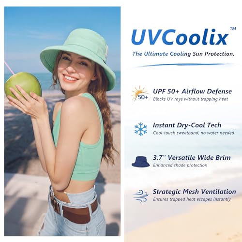 TOP-EX UVCoolix™ Women's Cooling Bucket Sun Hat with Ponytail Hole Wide Brim UPF 50 Packable Summer Travel Outdoor - color: Mint Green, size: Medium