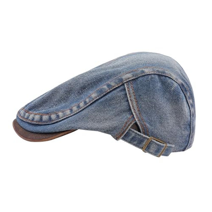 ZLYC Men Cotton Flat Cap Summer Scally Newsboy Beret Driver Hat - color: Denim Blue