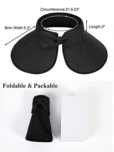 sy soul young Women's Straw Hat with Ponytail Hole Wide Brim Visor Sunhat - color: Black