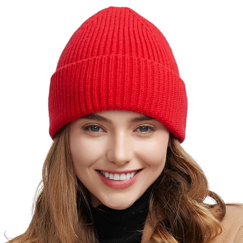 vidsel 50% Wool Thick Beanie Hat Men Women, Seamless Cuffed Winter Knit Cap - color: 1pcs Red