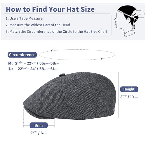 Men's Wool Blend Newsboy Cap Adjustable Gatsby Ivy Newsies Cabbie Hat Classic 8 Panel Tweed Flat Winter Hat - color: Plaid Darkgrey_1, size: Medium