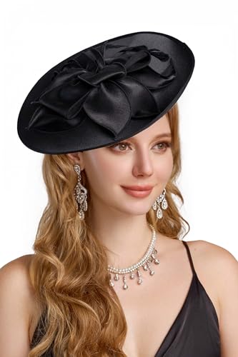 BABEYOND Derby Hats for Women Wide Brim Flower Feather Tea Party Fascinator - color: Black