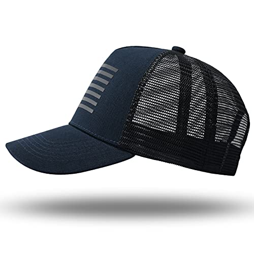 American Flag Trucker Hat - Snapback Hat, Baseball Cap for Men Women - Breathable Mesh Side, Adjustable Fit - for Casual Wear - color: Navy/Black
