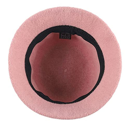 Women Elegant Winter Wool Bucket Hat 1920s Vintage Cloche Bowler Hats (Pink)