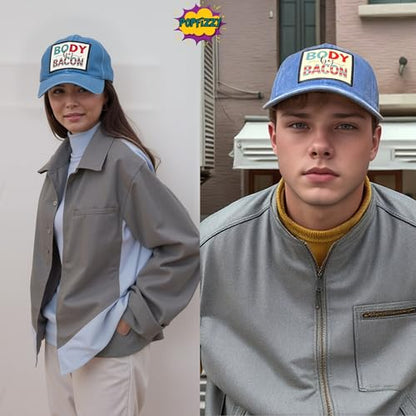 Popfizzy Funny Hats for Men and Women, Fun Adult Baseball Cap, Funny Birthday Gifts for Women and Men, Cool Dad Hat Gift Idea - color: Body By Bacon (Blue)