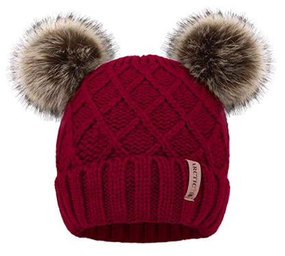 Arctic Paw Womens Winter Hat Cable Knit Beanie for Women Faux Fur Pompom Ears - color: Burgundy_grid