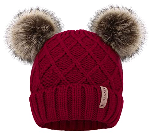 Arctic Paw Womens Winter Hat Cable Knit Beanie for Women Faux Fur Pompom Ears - color: Burgundy_grid