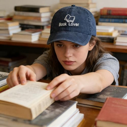 Embroidered Book Lover Baseball Cap for Men Women, Funny Washed Cotton Classic Dad Hat, Reading Lover Gift Idea - color: Book Lover, Navy Blue