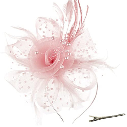 AQOKKA Women Fascinators Hats Flower Fascinators with Headband and Clip Tea Party Headwear for Women and Girls - color: 1 Pc 7" Diameter / Blush Pink