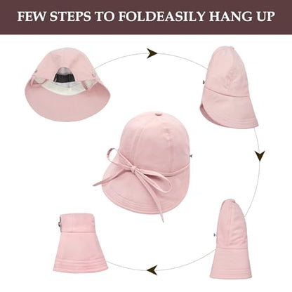 YAMEIZE Womens Bucket Sun Hat Packable Wide Brim Ponytail Beach Hat with Windproof Strap Sun Protection UPF50+ - color: Pink