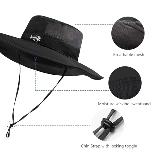 BASSDASH UPF 50+ Fishing Sun Hat Water Resistant Unisex Wide Brim Bucket Boonie Hat for Hiking Camping Safari FH15 - color: Black, size: Medium