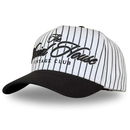Vintage Fashion Trucker Hat | Men & Women | Trendy Cute Retro Red Caps for Country & Western | Camo Fur Cotton | Snapback - color: The Social House | Black Pinstripe