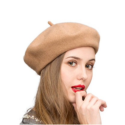 Gllutt Women Wool Beret Hat French Style Solid Color - color: Camel