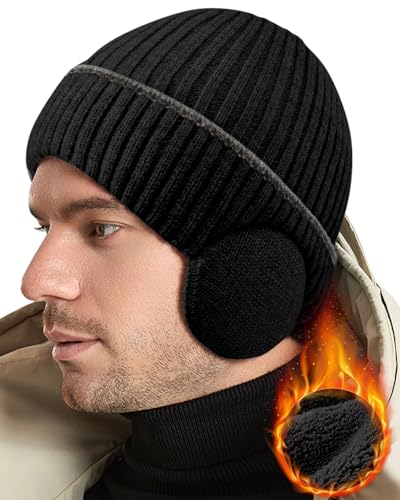 BEACE Winter Fleece Line Beanie Knit Hats with Ear Flaps for Men Women,Warm Thermal Stocking Caps for Outdoor Cold Weather - color: Black