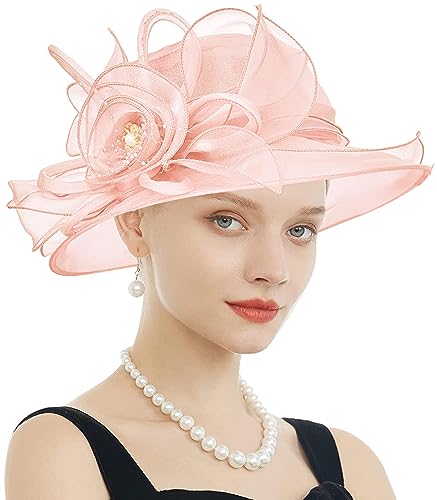 Women's Kentucky Derby Church Dress Hat Wide Brim Leaf Flower Bridal Shower Hat - color: F6 Light Pink