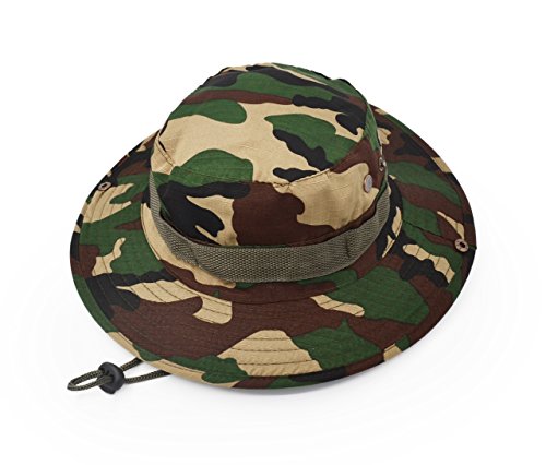 Outdoor Wide Brim Sun Protect Hat, Classic US Combat Army Style Bush Jungle Sun Cap for Fishing Hunting Camping - color: Green Camouflage