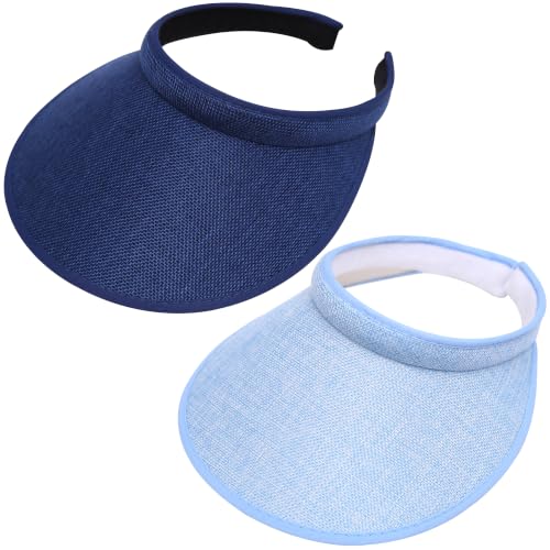 2 Pack Wide Brim Sun Visor Hats Women Men Large Clip-on Visors Hat UV Protection Outdoors Sports Golf Beach Cap - color: Navy+lightblue
