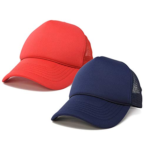 DALIX Solid Blank Trucker Hats Caps 2 Pack - color: Red and Navy Blue
