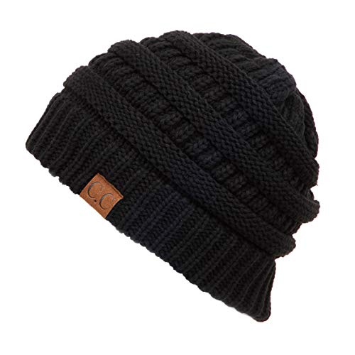 C.C Fur Pom Winter Fall Trendy Chunky Stretchy Cable Knit Beanie Hat - color: Black-solid