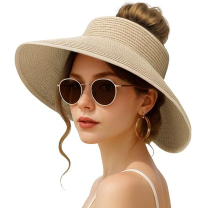 Sun Hats for Women Wide Brim Straw Sun Visors Ponytail Hat - color: Beige