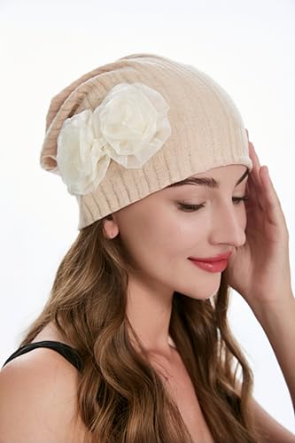 ZLYC Women Slouchy Beanie Hat Summer Knit Chemo Headwear - color: Flower Beige