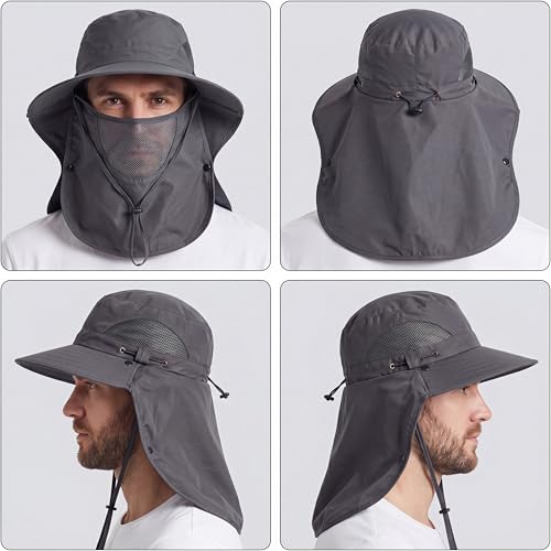 Cuffbow 3 Pcs Sun Hat for Men Women with Neck Flap Breathable Wide Brim Bucket Hat UV Protection UPF 50+ Fishing Hiking - color: Black, Dark Gray, Army Green