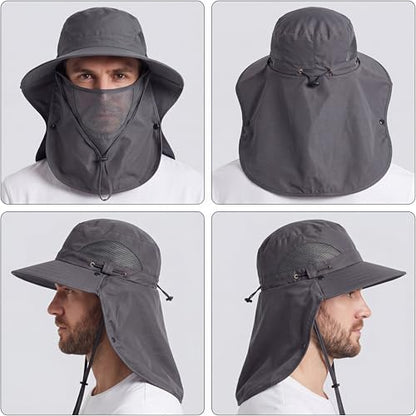Cuffbow 3 Pcs Sun Hat for Men Women with Neck Flap Breathable Wide Brim Bucket Hat UV Protection UPF 50+ Fishing Hiking - color: Black, Dark Gray, Army Green