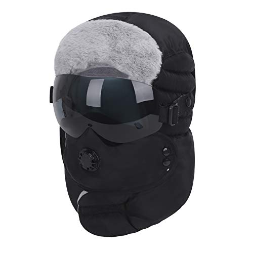 Winter 3 in 1 Thermal Fur Lined Trapper Hat with Ear Flap Full Face Warmer Cover Windproof Cycling Motorcycle Headwear - color: Black Fur Cap+black Windproof Glasses