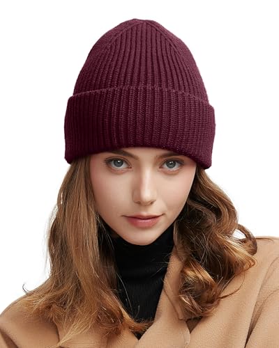 Wool Beanie for Men Women, Seamless Knit Cuffed Warm Winter Hats - color: 1pcs-wine Red