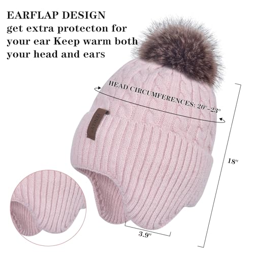 FENELY Women's Knitted Warm Beanie Winter Hat, Warm Chunky Snow Hat with Pompom - color: Pink