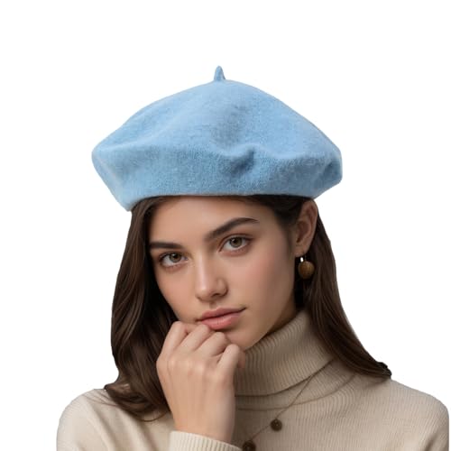 French Beret Hats for Women - Classic Wool Beret Hats Soft Knit Winter Cloche for Daily Outfits - color: Sky Blue