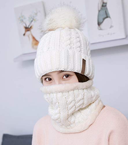 IYEBRAO Womens Winter Knit Beanie Hat and Scarf Set Girls Cute Slouchy Thick Fleece Lined Ski Hat Warm Skull Cap with Pom - color: A4-white
