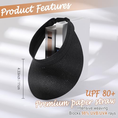 Chicingyou Sun Visor Hat for Women Wide Brim Straw Visors Beach Hat Ponytail UV UPF Packable Foldable Travel - color: Black