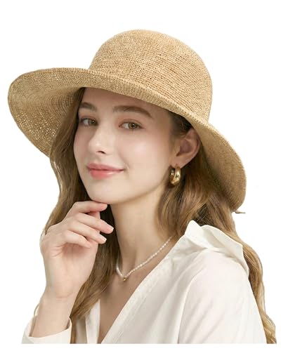 Women Straw Bucket Hat Natural Raffia Woven Sun Hat Foldable Wide Brim Summer Beach Travel Cap for Ladies - color: Brim 3.9"