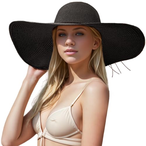 Floppy Big Beach Straw Hats for Women Foldable Summer Wide Brim Packable Sun Hat Womens Travel Straw Fedora Hat - color: Black-1