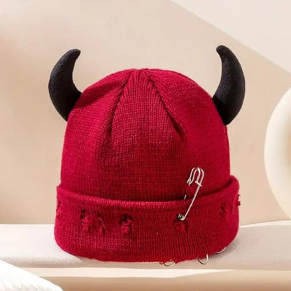 Distressed Ring Beanie Hat for Women Men Slouchy Skull Cap - color: Horns Red